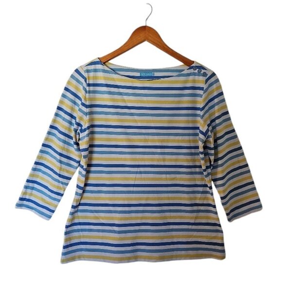 J.McLaughlin Wavesong Blouse Top Womens L Large Blue Stripe Catalina Cloth Butto - Picture 2 of 10